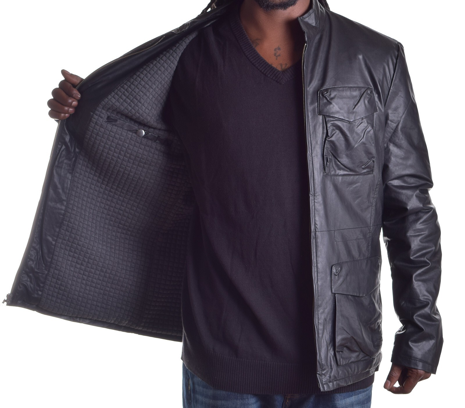 Alfani Small Faux Leather Jacket Luxury Lined Full Zip Slim Fit Black $149 NWT