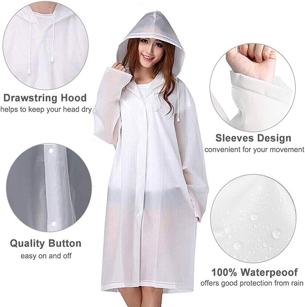 2 Pack Raincoats Emergency EVA Rain Ponchos For Adults Reusable with Hood White
