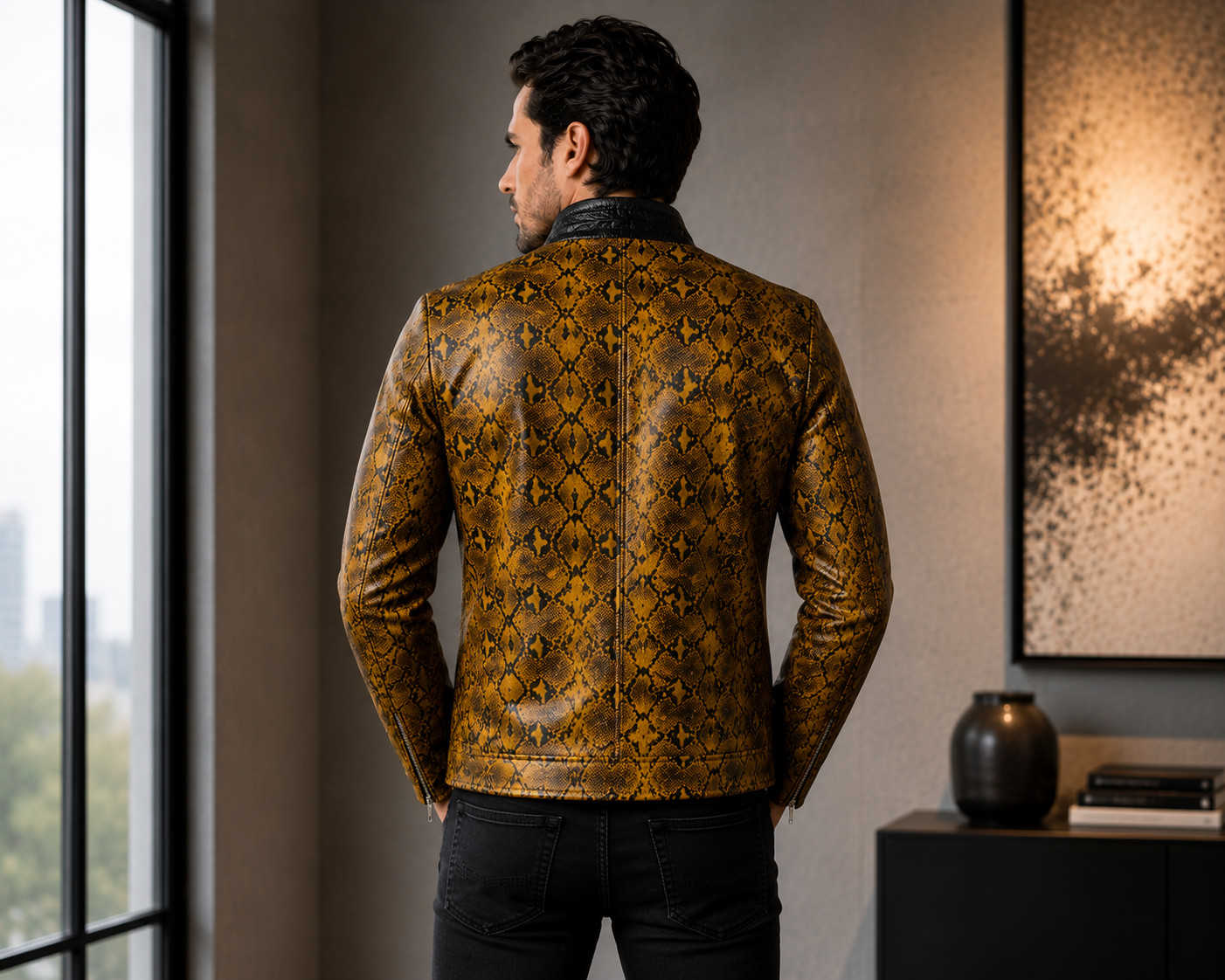 Men’s Yellow Snakeskin Leather Jacket, Genuine Leather Python-inspired Jacket