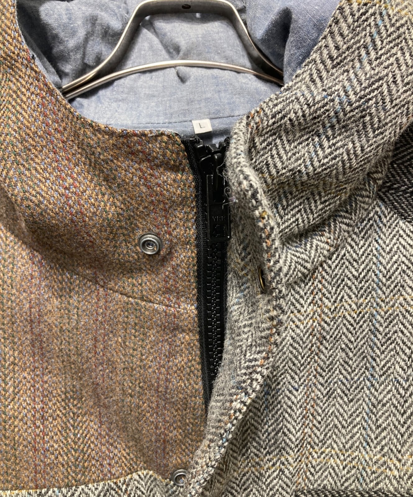 Authentic NO Means Yes × Harris Tweed Patchwork Tweed Hooded Jacket L Gray Men