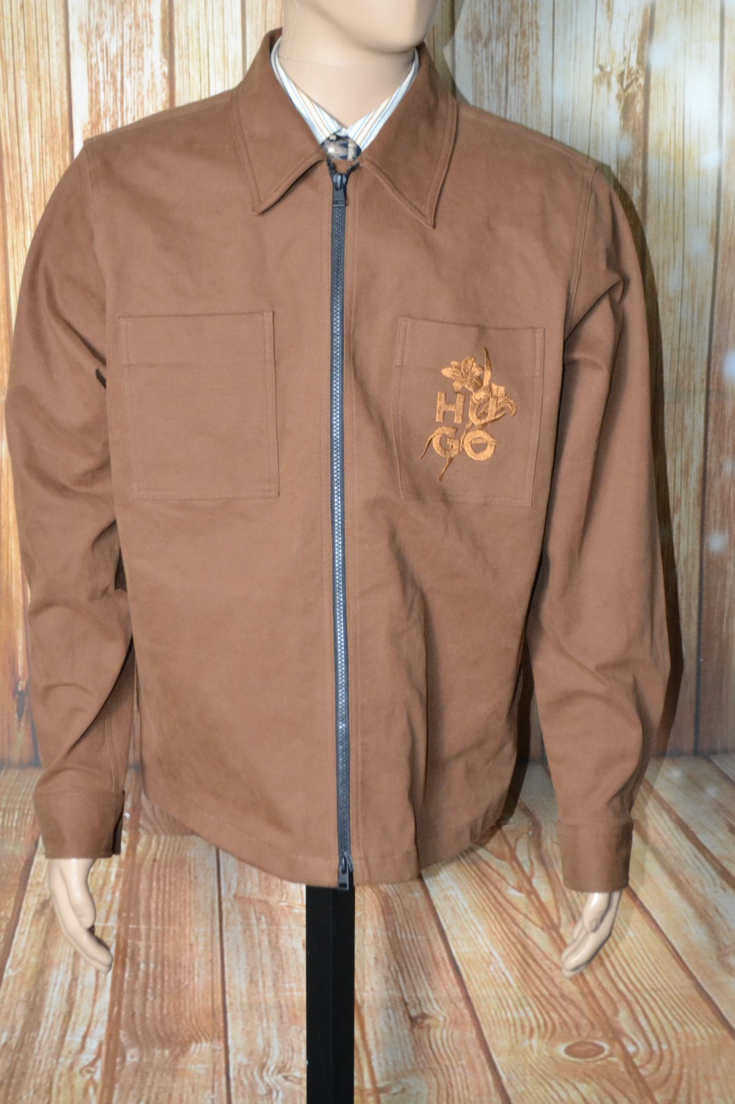 Hugo Boss Men Cotton Spandex Full Zipper Light Weight Brown Jacket Sz L