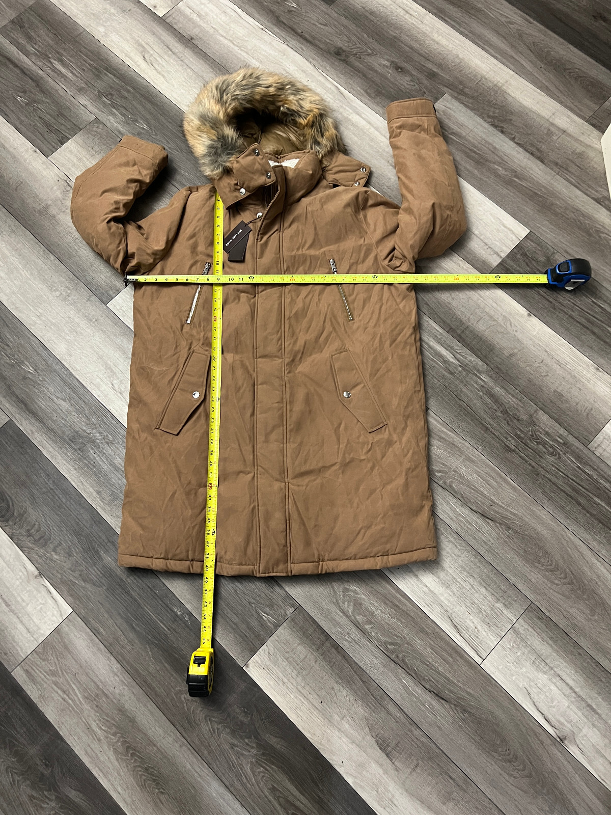 Michael Kors Mens Faux Fur Trim Hooded Parka Coat Jacket Dark Camel Brown XL