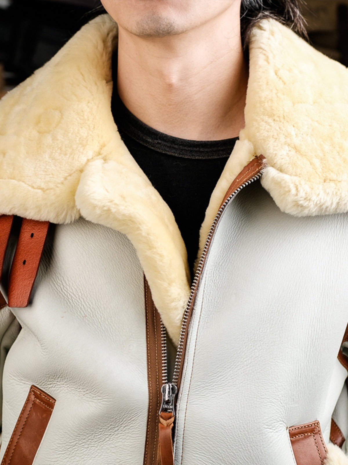 Men’s Off White B3 RAF Genuine Sheepskin Shearling Aviator Bomber Jacket
