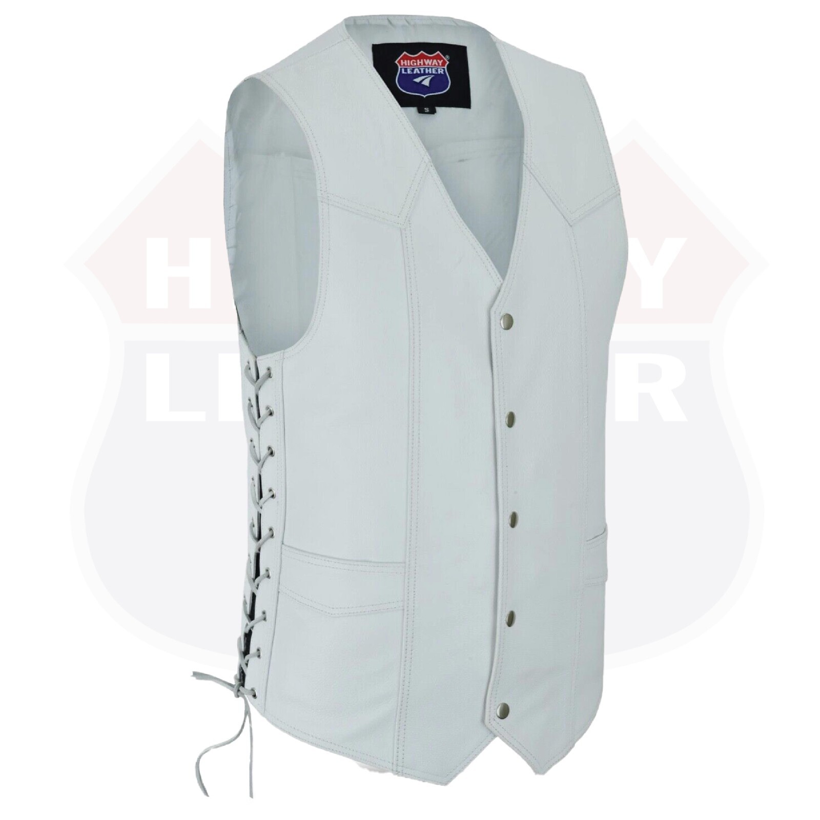 Men Motorcycle Leather Biker Vest Side Lace Pistol Pockets Patch HL11614 White