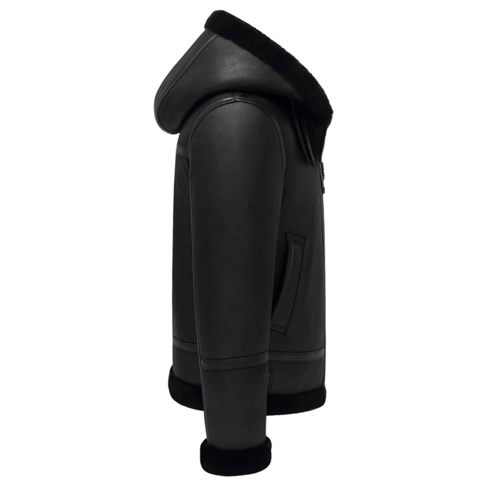 Regals Leather Men’s Black Hooded B3 Leather Bomber Jacket Aviator Flight Jacke