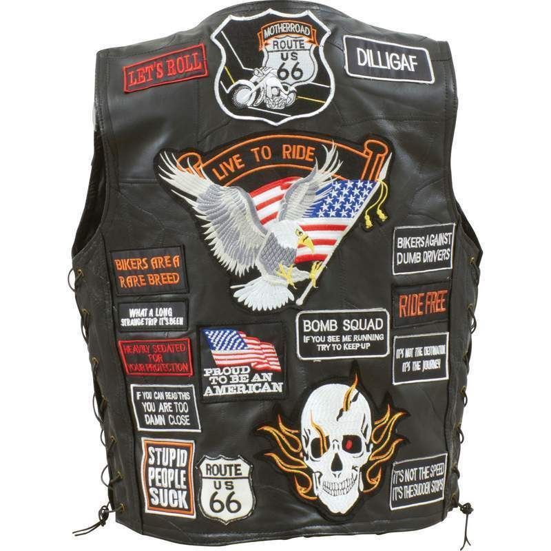 Diamond Plate™ Rock Design Genuine Buffalo Leather Biker Vest with 42 Patches