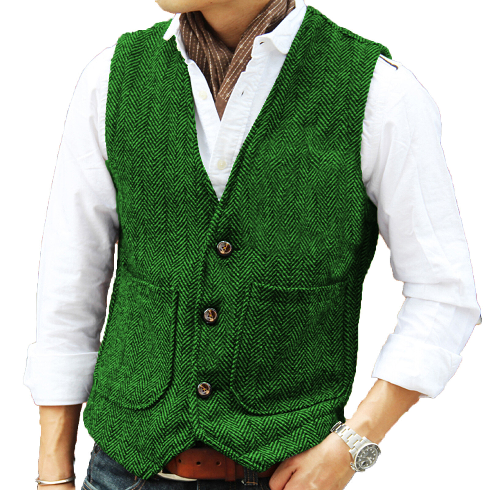 Hunting Classic Men Vintage Tweed Vest Herringbone Waistcoats Wedding Retro Wool