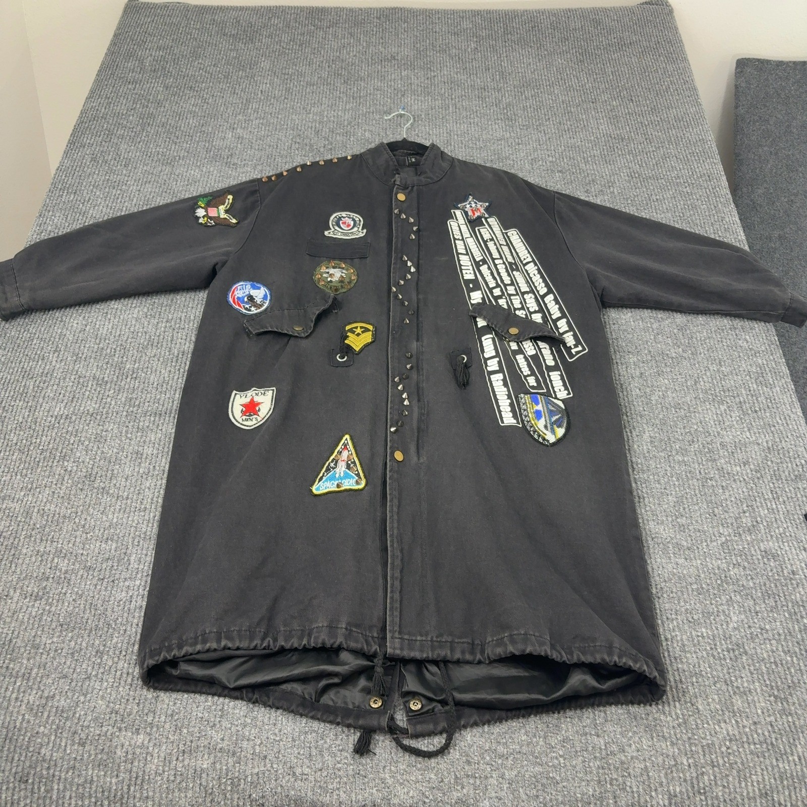 H Studio Long Jacket Men XL Black Cotton Blend Studded Patchwork Punk Goth Style