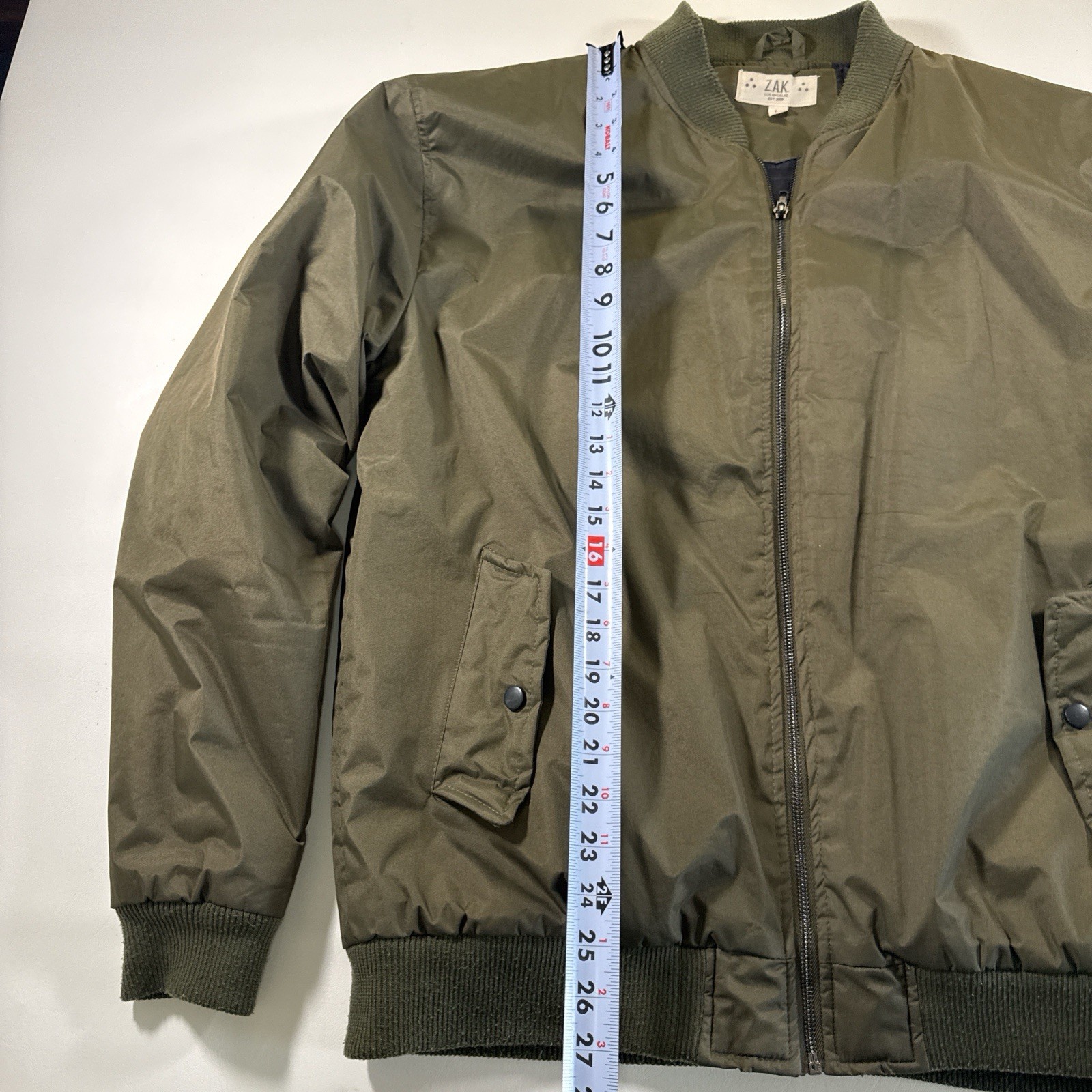 ZAK Olive Bomber Jacket Men’s L Full Zip Zipper Button Band Collar Casual