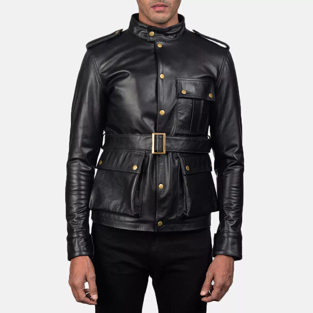 Men Germain Black Short Trench Leather Jacket 100% Lambskin Genuine Leather Coat