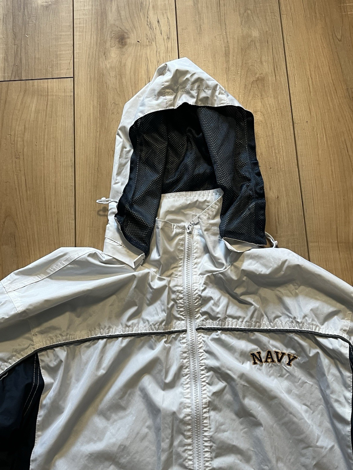 VTG United States Navy Mens Windbreaker Jacket Full Zip Removable Hood Medium
