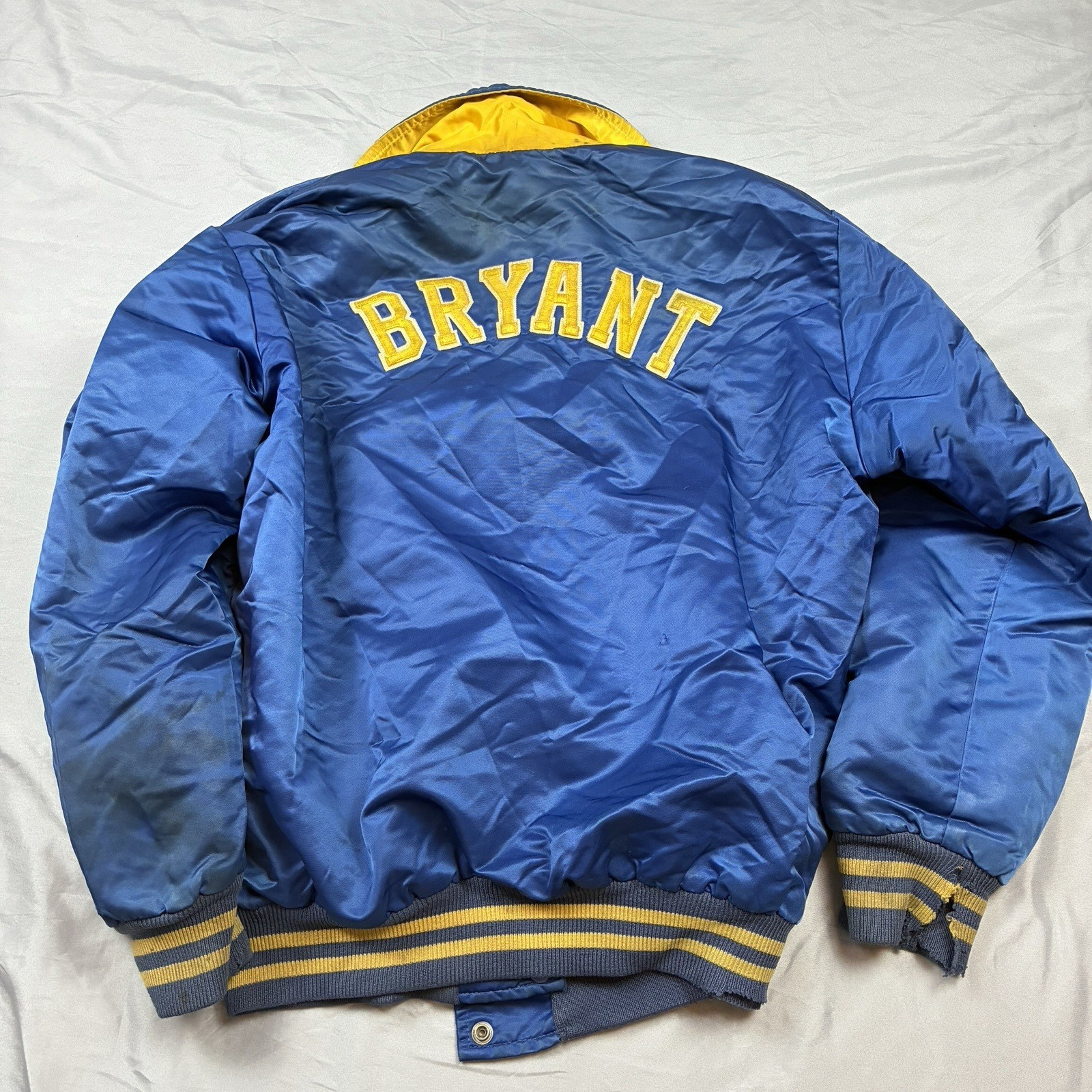VTG Hewitt Mfg Satin Snap Varsity Jacket Blue Letterman Size 42 70s Distressed