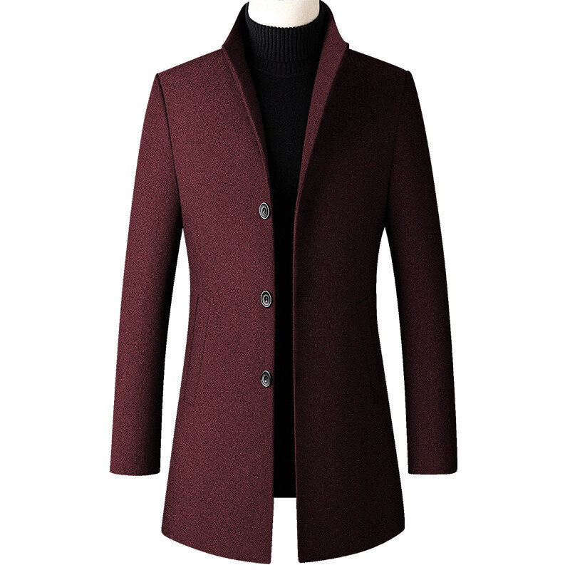 Men Trench Coat Overcoat Woolen Blend Single Breasted Jacket Casual Business