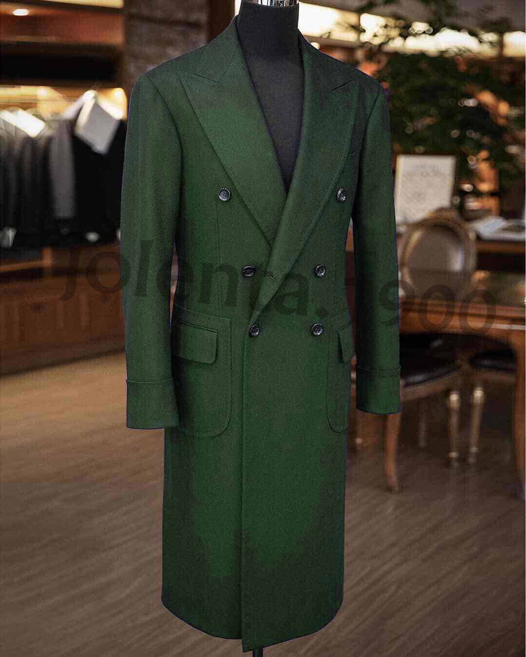 Wool Blend Men Overcoat Double-Breasted Long Jacket Wide Peak Lapel Outwear Coat