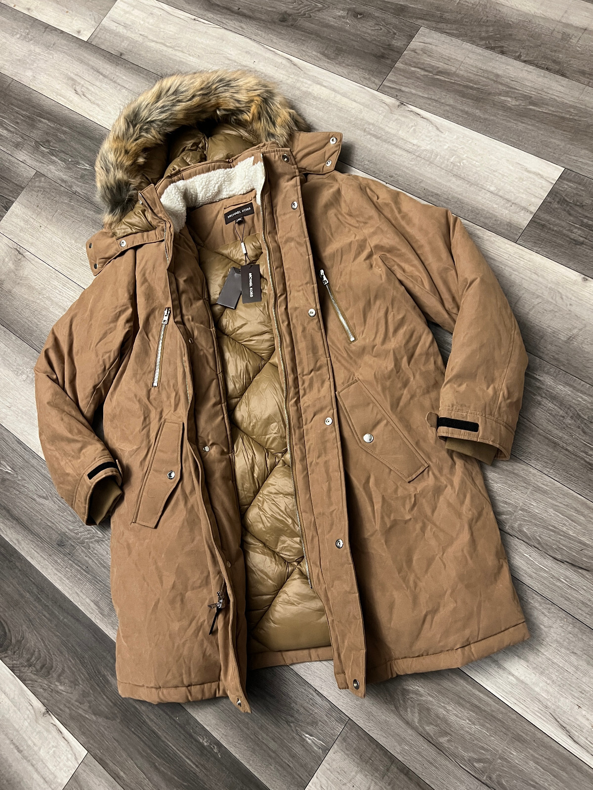 Michael Kors Mens Faux Fur Trim Hooded Parka Coat Jacket Dark Camel Brown XL