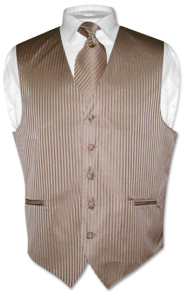 Men’s Dress Vest NeckTie MOCHA Lt. BROWN Vertical Striped Design Neck Tie Set