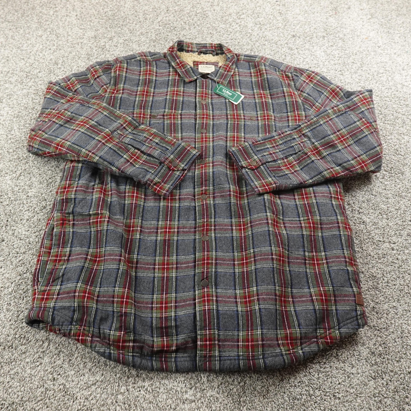 NEW LL Bean Jacket Mens XL Gray Scotch Plaid Sherpa Lined Flannel Shirt Shacket