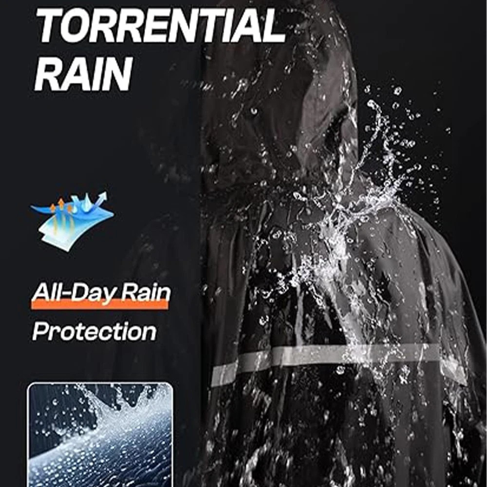 Men Black Waterproof Long Raincoat Rain Coat Hooded Trench Jacket Hiking Outdoor