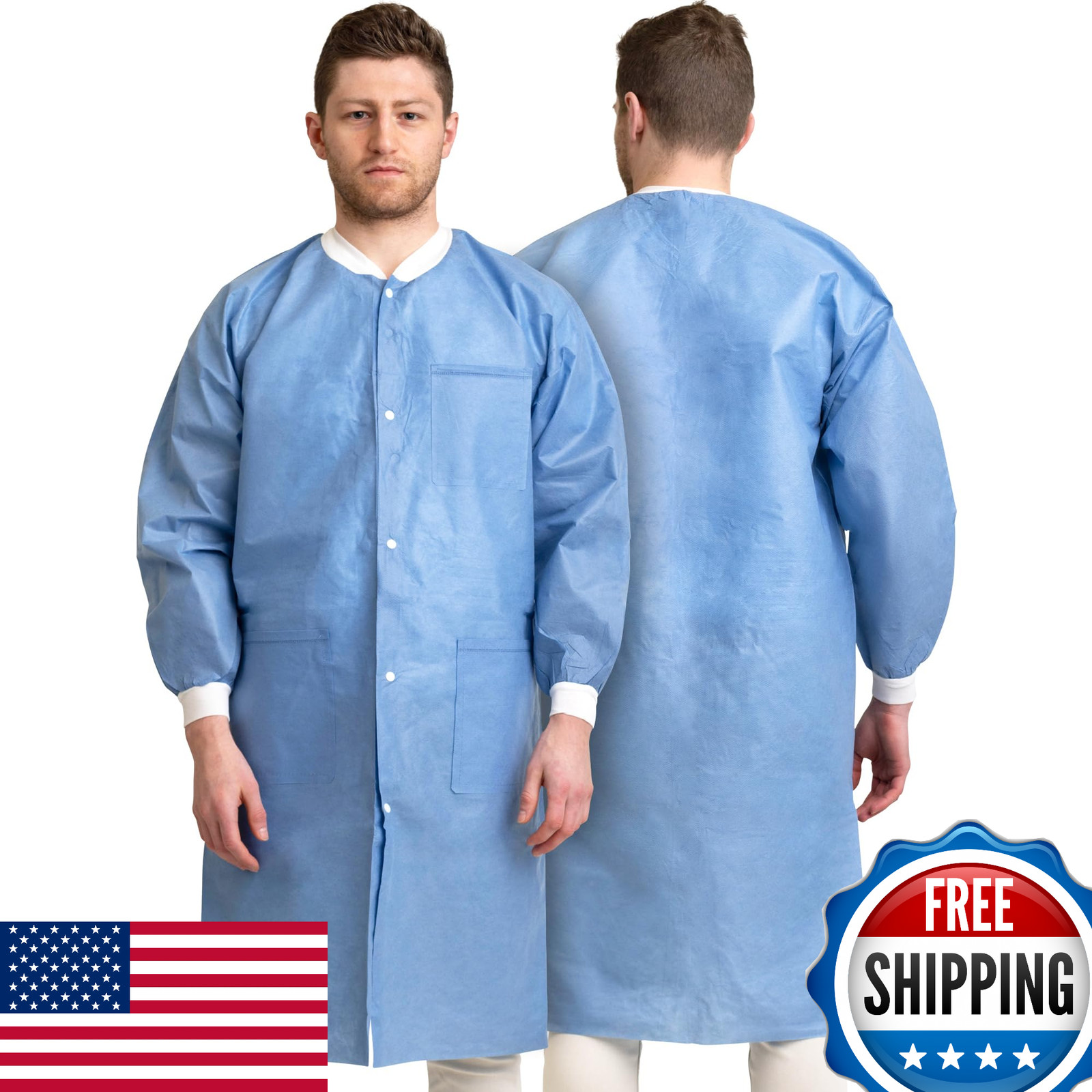 Pack of 10 Disposable Lab Coats – Blue – With 3 Pockets and Soft Knit Cuffs & Co