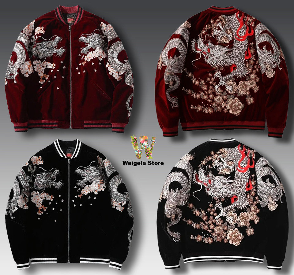 Unique Jacket Embroidered Dragon Baseball Collar Japanese Pattern Sukajan Coat