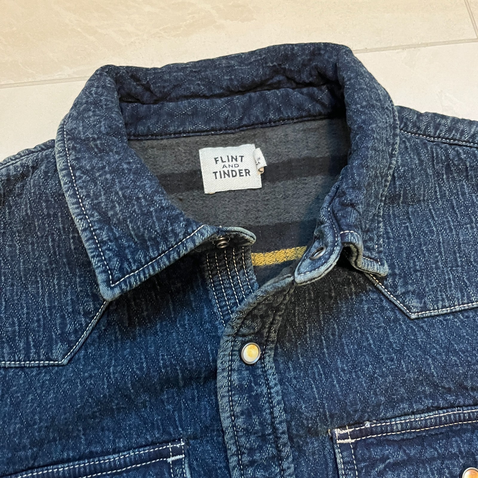 Flint and Tinder Quilted Bone Button Western Shirt Indigo Huckberry Mens L NWOT