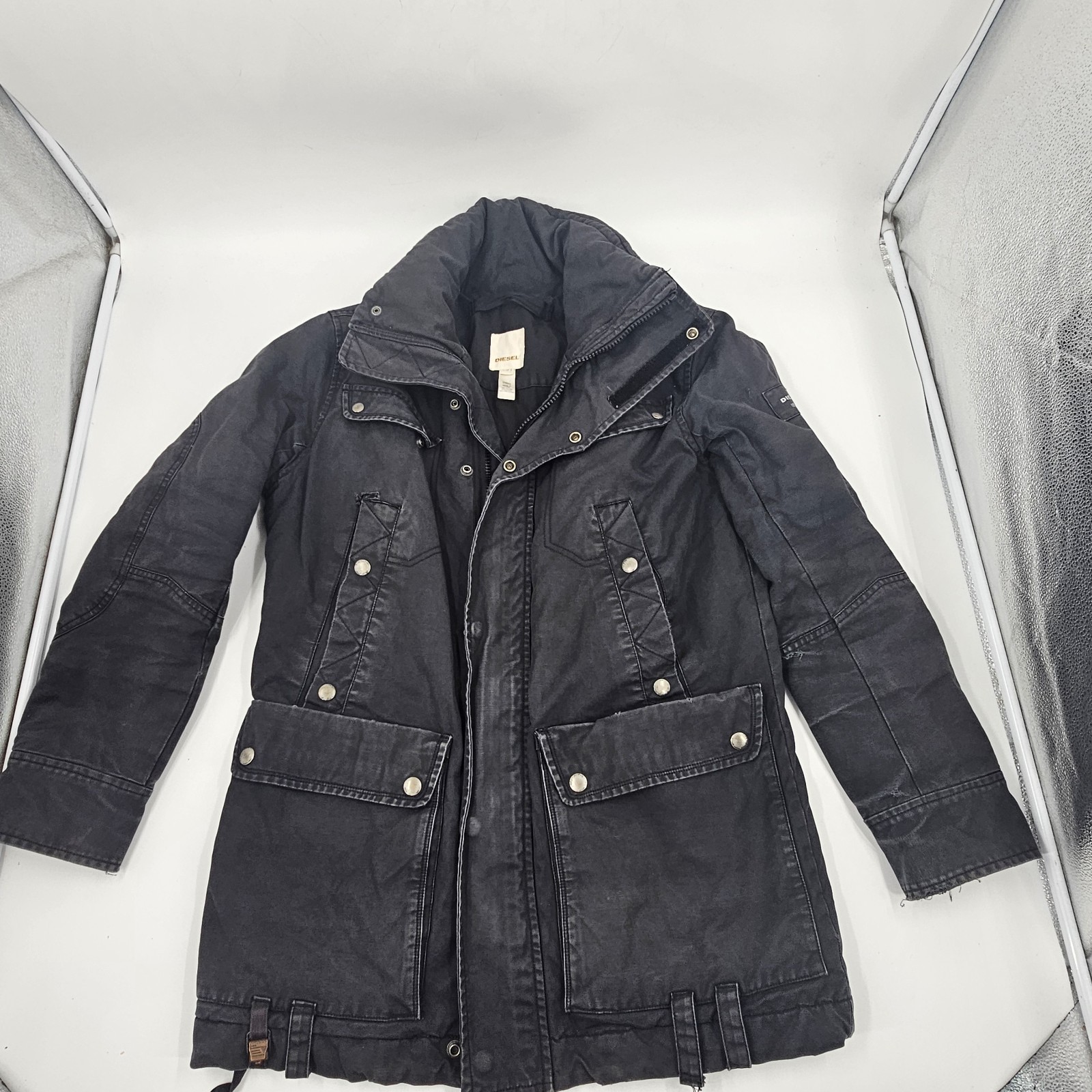 Diesel Men’s Large Black Hooded Field Parka Jacket Y2K Utility Military Coat