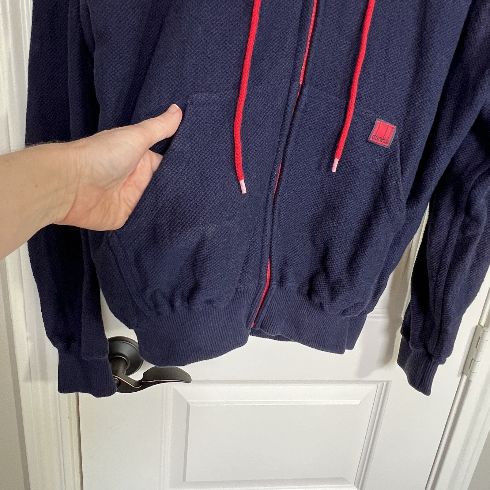 VTG Dunhill Full Zip Jacket Mens M Navy Blue Red Hooded Waffle Knit Hong Kong
