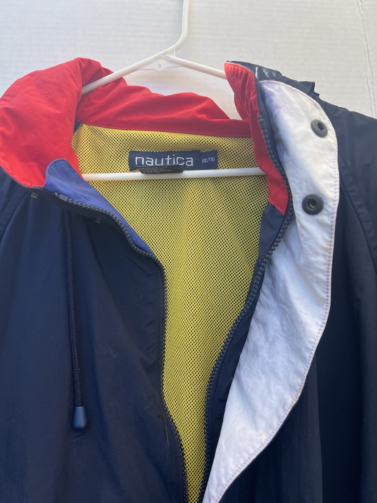 Nautica Men’s XXL Windbreaker Jacket Navy Red Hood Zip Button Drawstring