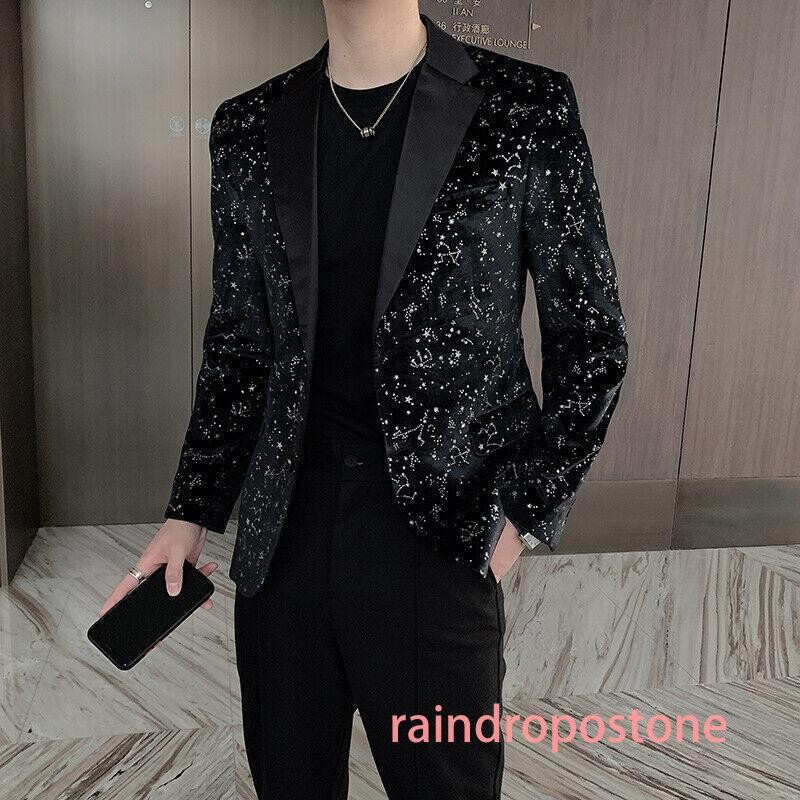 Men’s Spring Slim One Button Sequined Suit Night Club Coat Stage Black Blazer