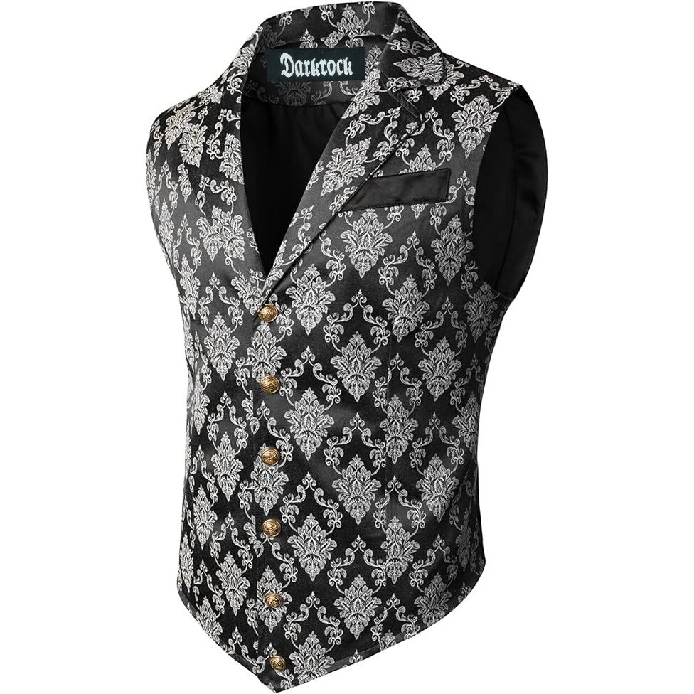 Men Gothic Victorian Black/Silver Brocade Waistcoat Vest Jacquard Tuxedo Vest