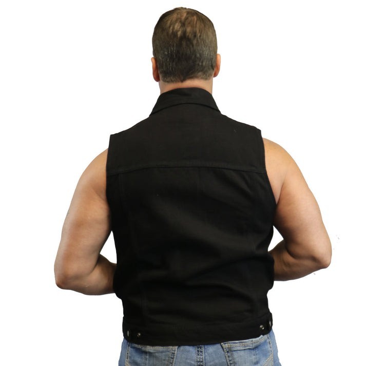 Biker Vest for Men Unique Black Denim Vest w/ Snap Closure & Concealed Pocket