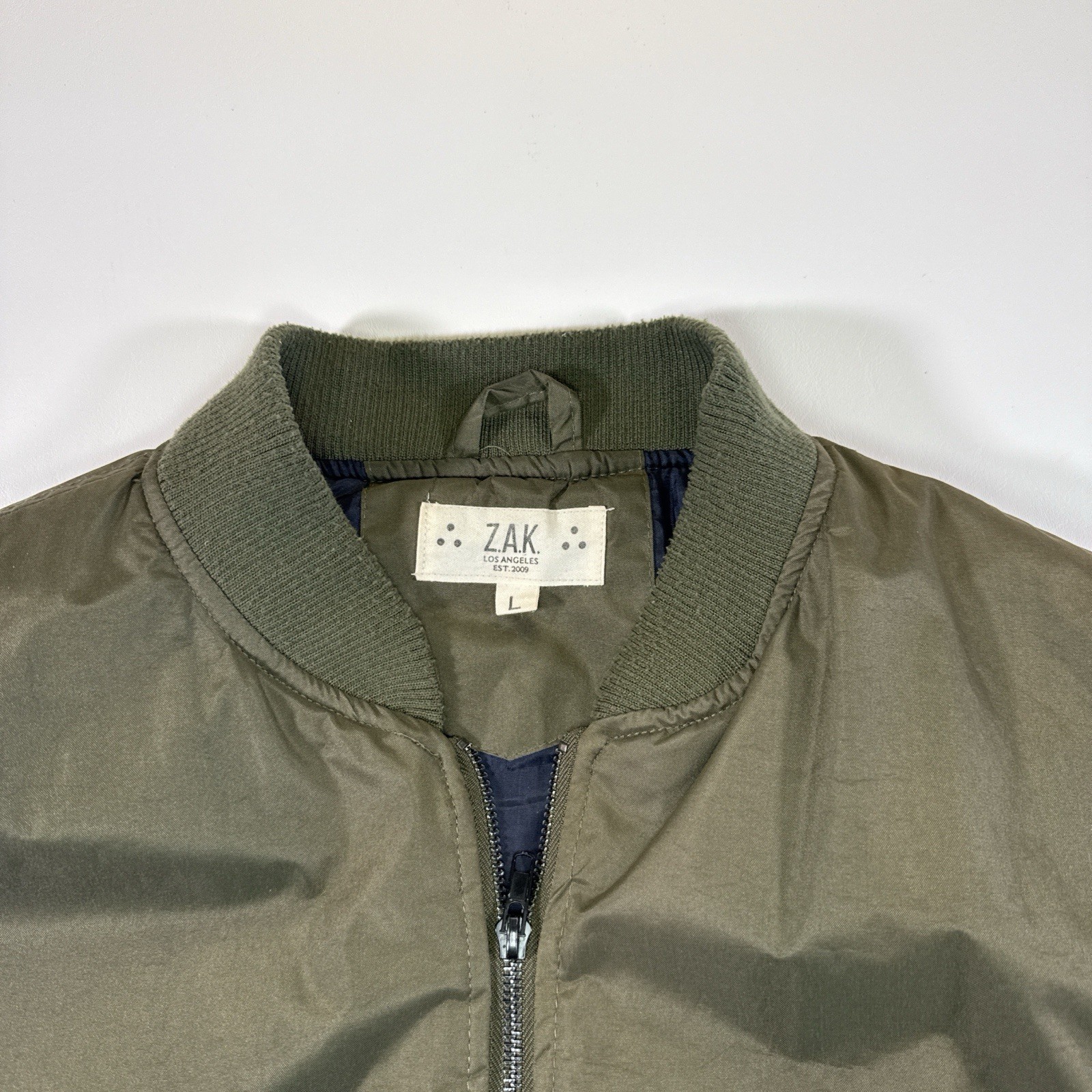 ZAK Olive Bomber Jacket Men’s L Full Zip Zipper Button Band Collar Casual
