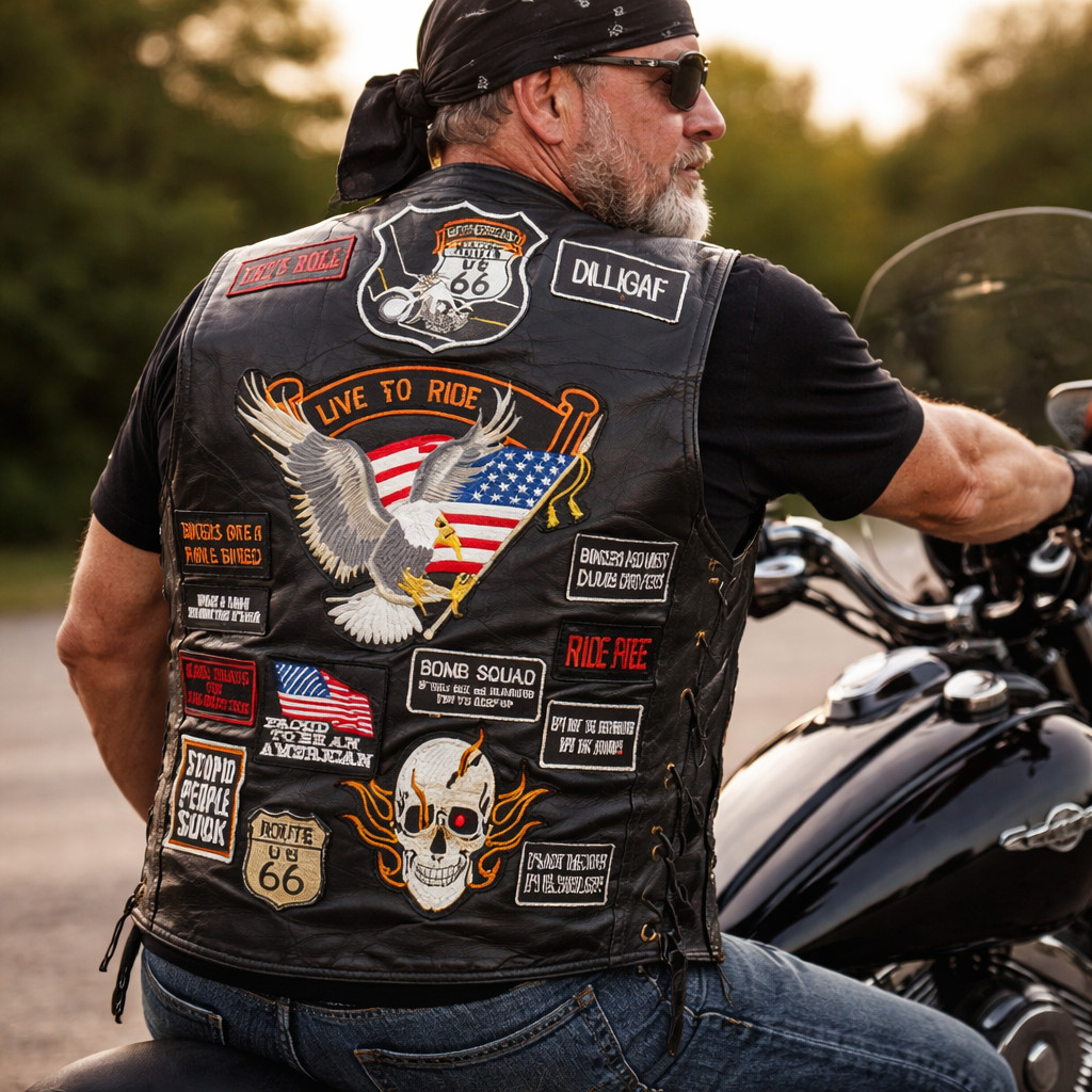 Bikers Vest with Patches Buffalo Leather Motorcycle Live To Ride Sturgis Fave