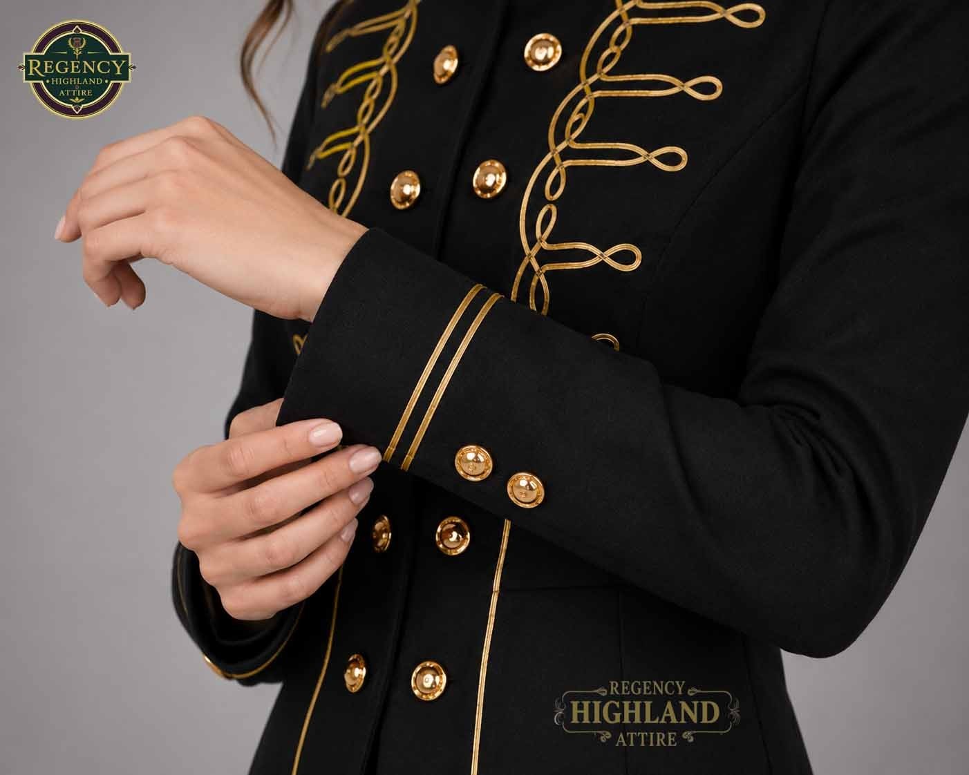Women’s Black Military Hussar Jacket with Gold Braided Trim – Victorian