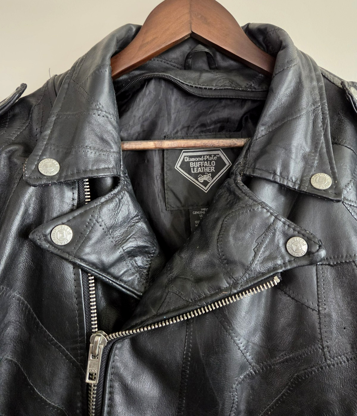 Vtg Diamond Plate D-Pocket Buffalo Leather Motorcycle Jacket Black Biker Moto