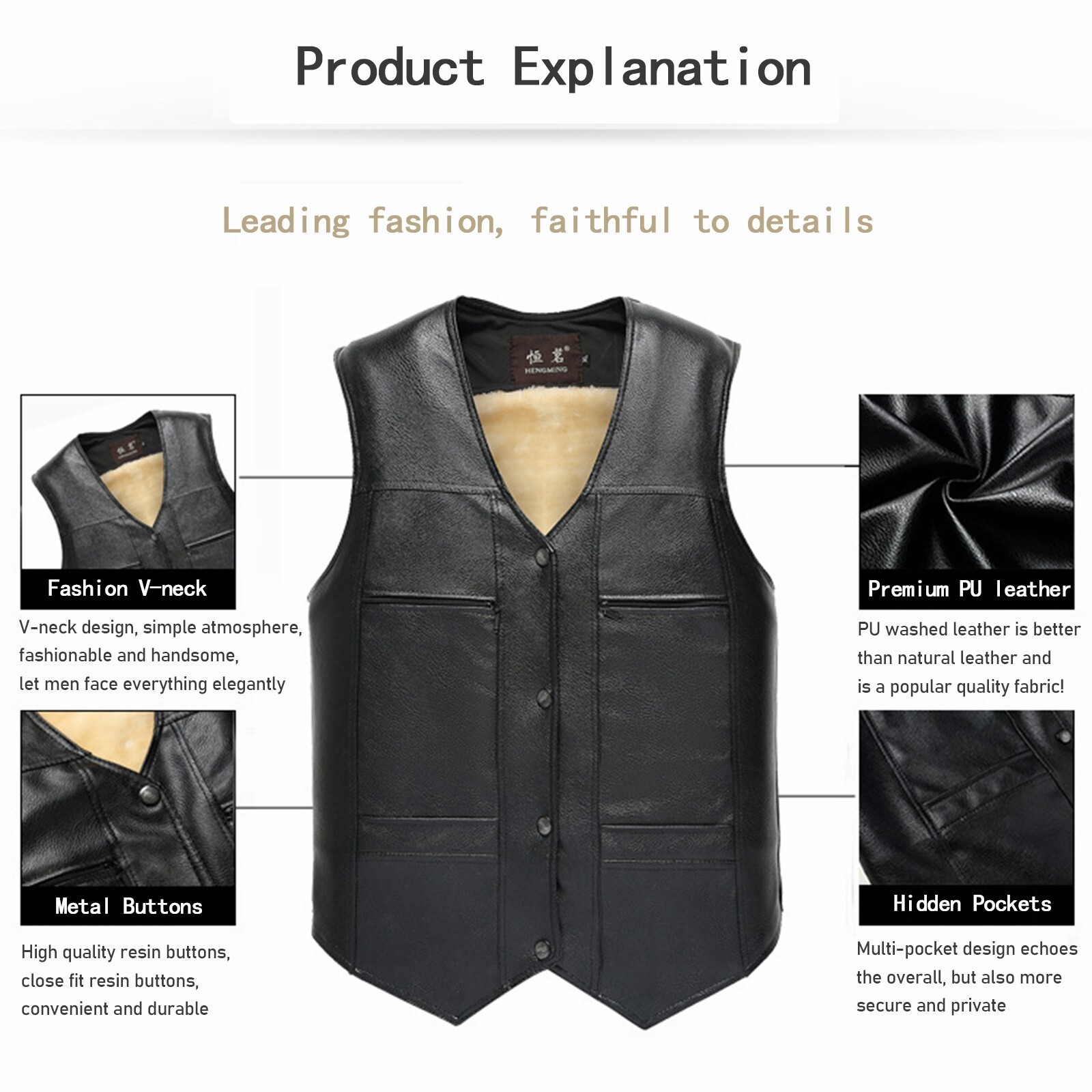 Men’s Leather Vest Motorcycle Biker Vest Concealed Carry Tactical Fleece Warm