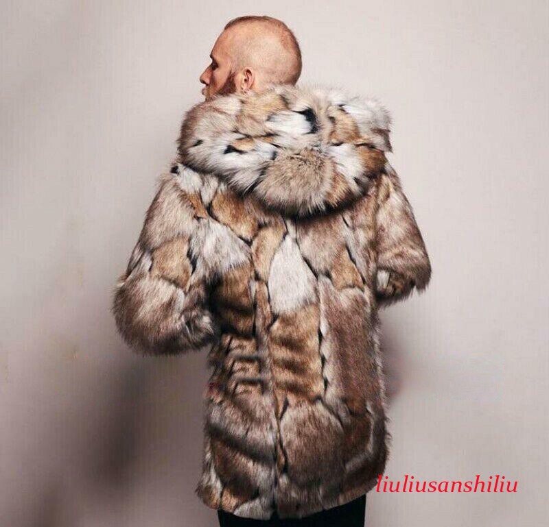 Mens Winter Faux Fox Fur Jacket Hooded Warm Mid-long Length Coat Party Outwear