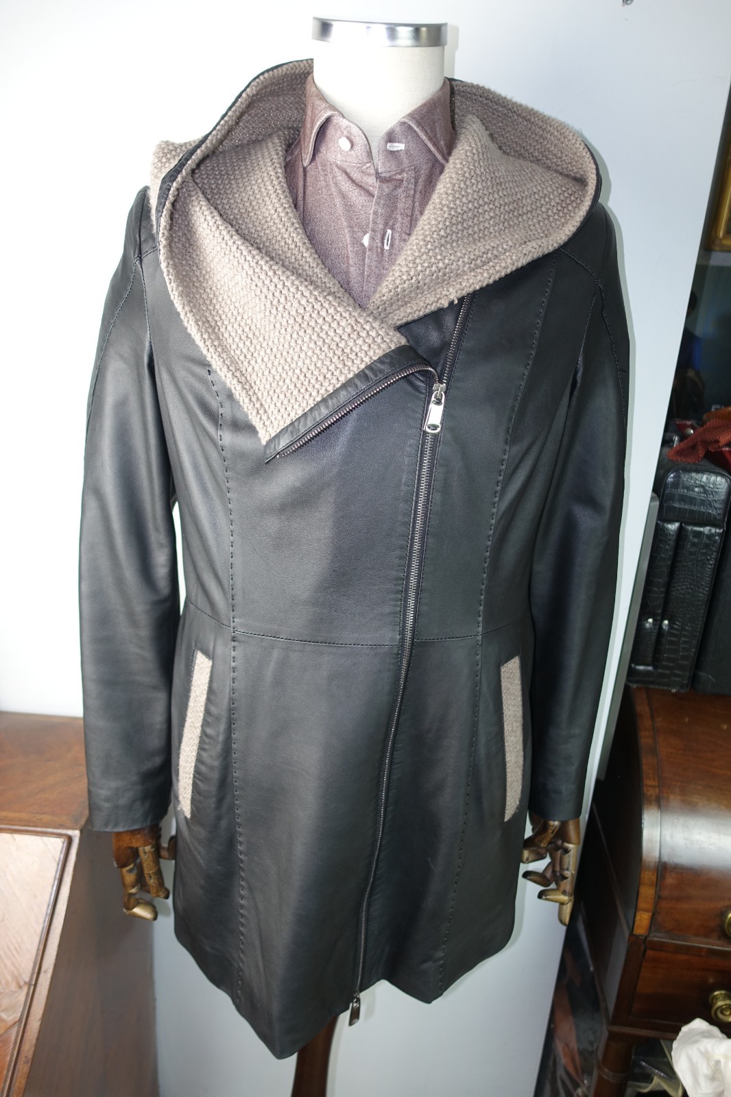 £1950 GIAN LUCA LEATHER LAMBSKIN WOVEN HOODED COAT ITALY 38 48 S ITALY