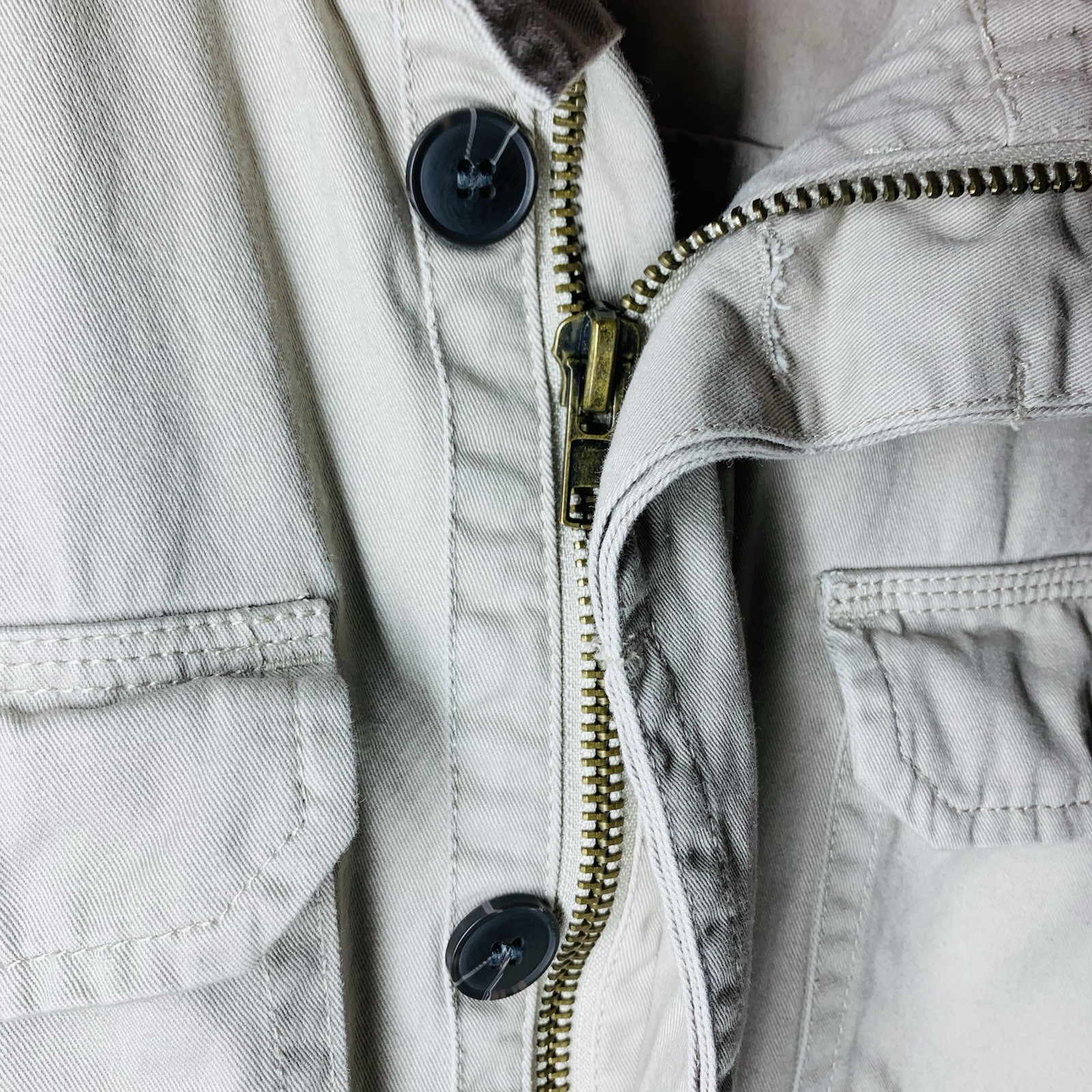 Forever 21 Men Size Large Khaki Twill Canvas Jacket Button Zip Up Band Collar