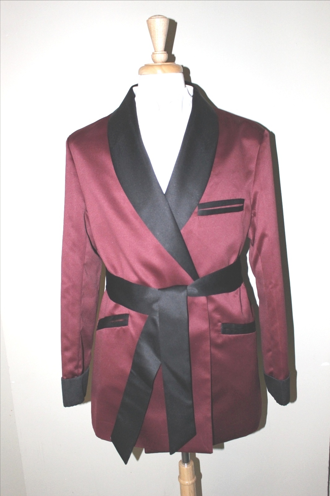 Mens Smoking Jacket- Burgundy / Black Satin -Fully Lined