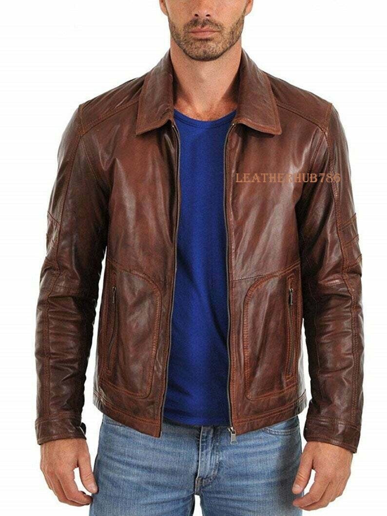 Men Jacket Genuine Pure Brown Lambskin Leather Biker Motorcycle Party Wear 517