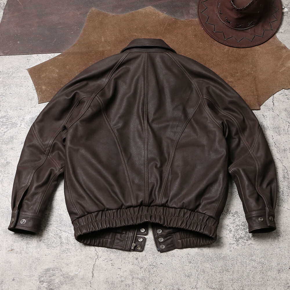 Men’s Vintage Bomber Jacket Full Grain Brushed CowhideClassic Leather Jacket