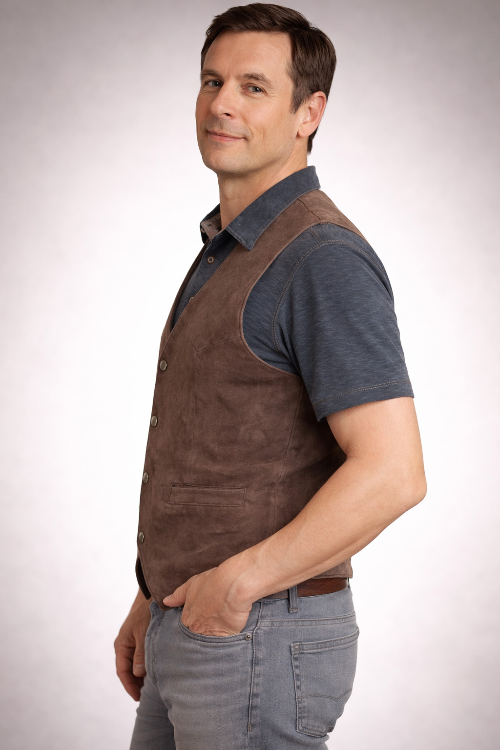 Men’s genuine soft suede brown leather snap closure western/biker vest