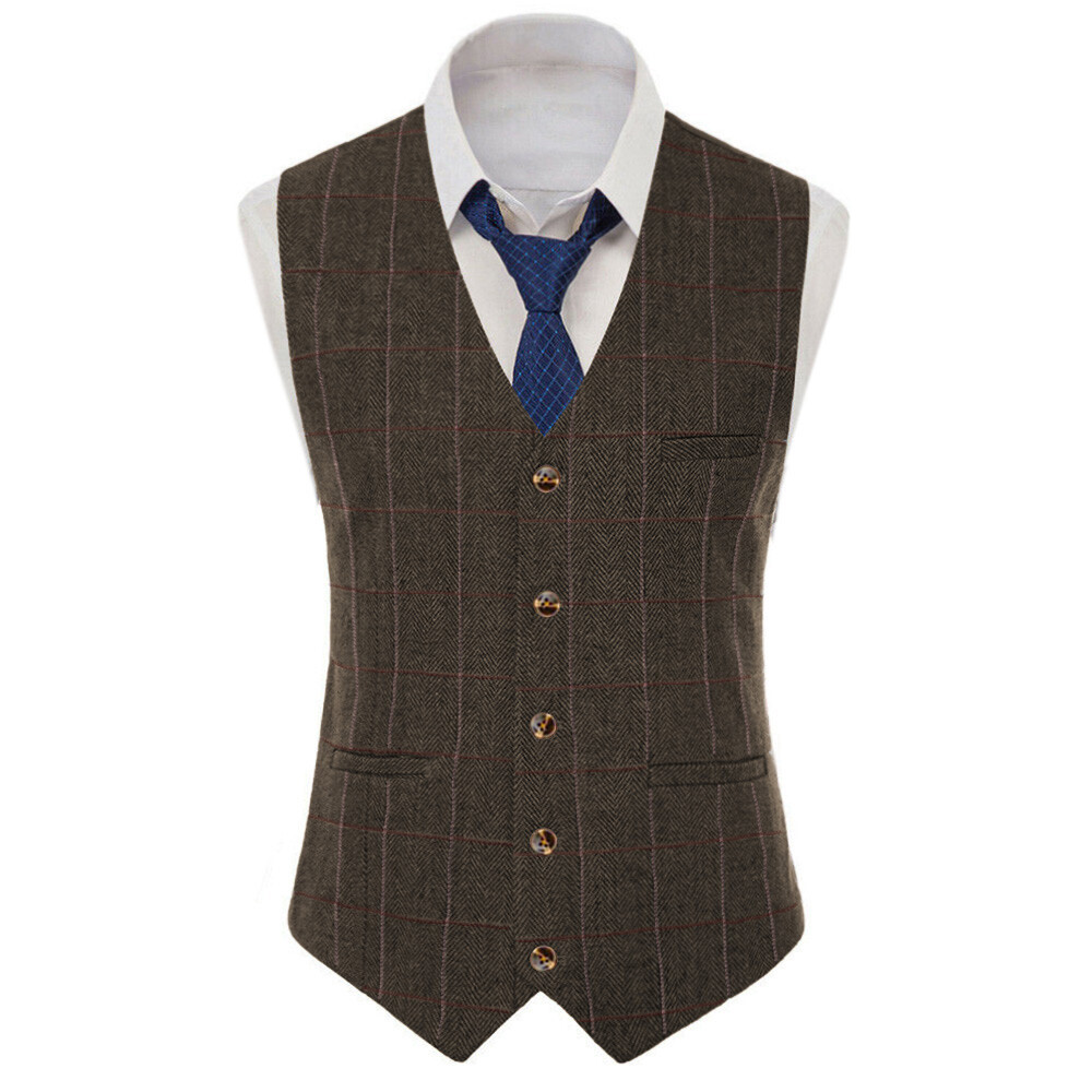 Tweed Mens Suit Plaid Waistcoat Herringbone Vest Windowpane Wedding Vintage Wool