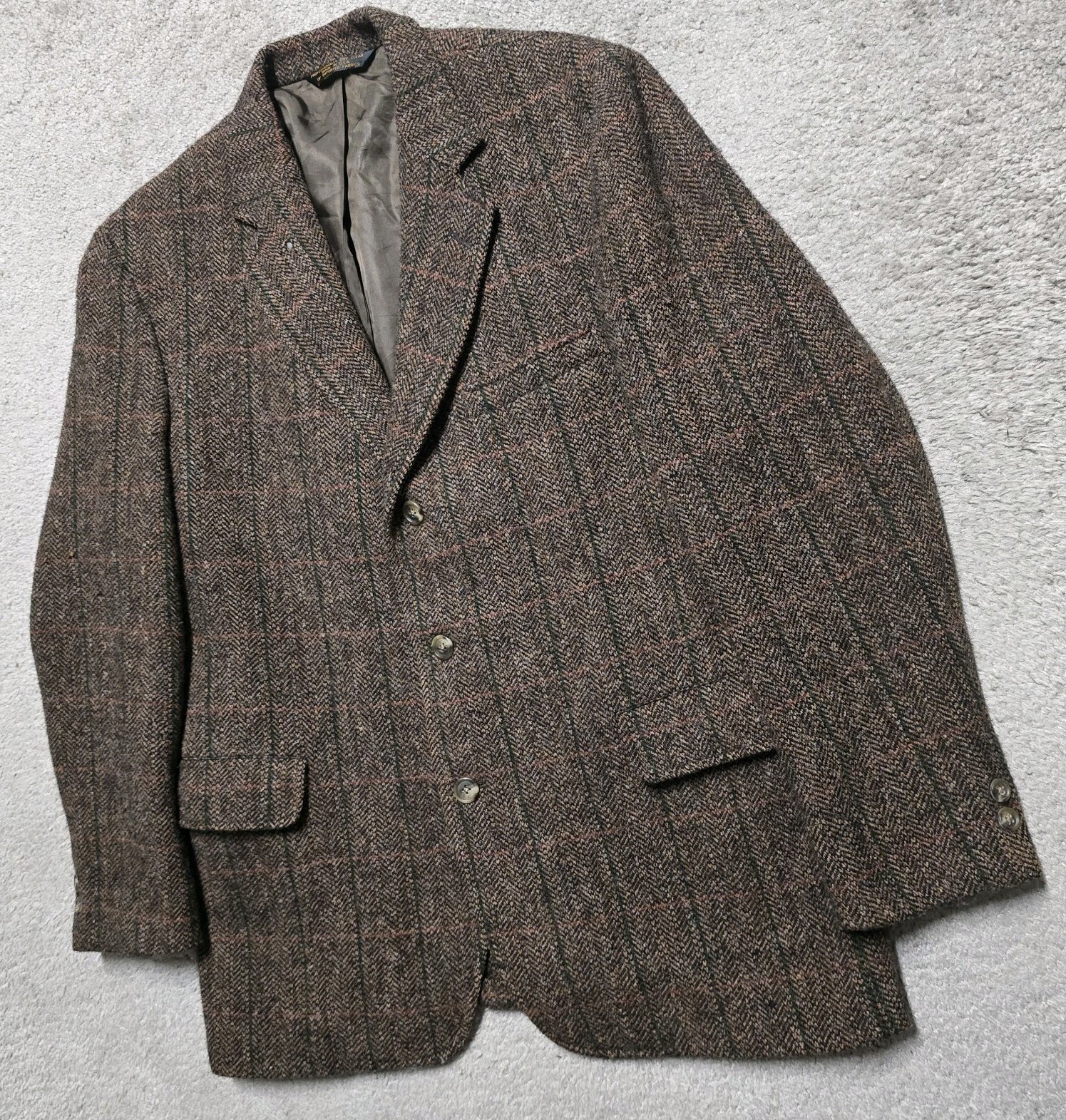 VTG Harris Tweed Blazer Mens 42R Scottish Wool Handwoven Brown Herringbone Check