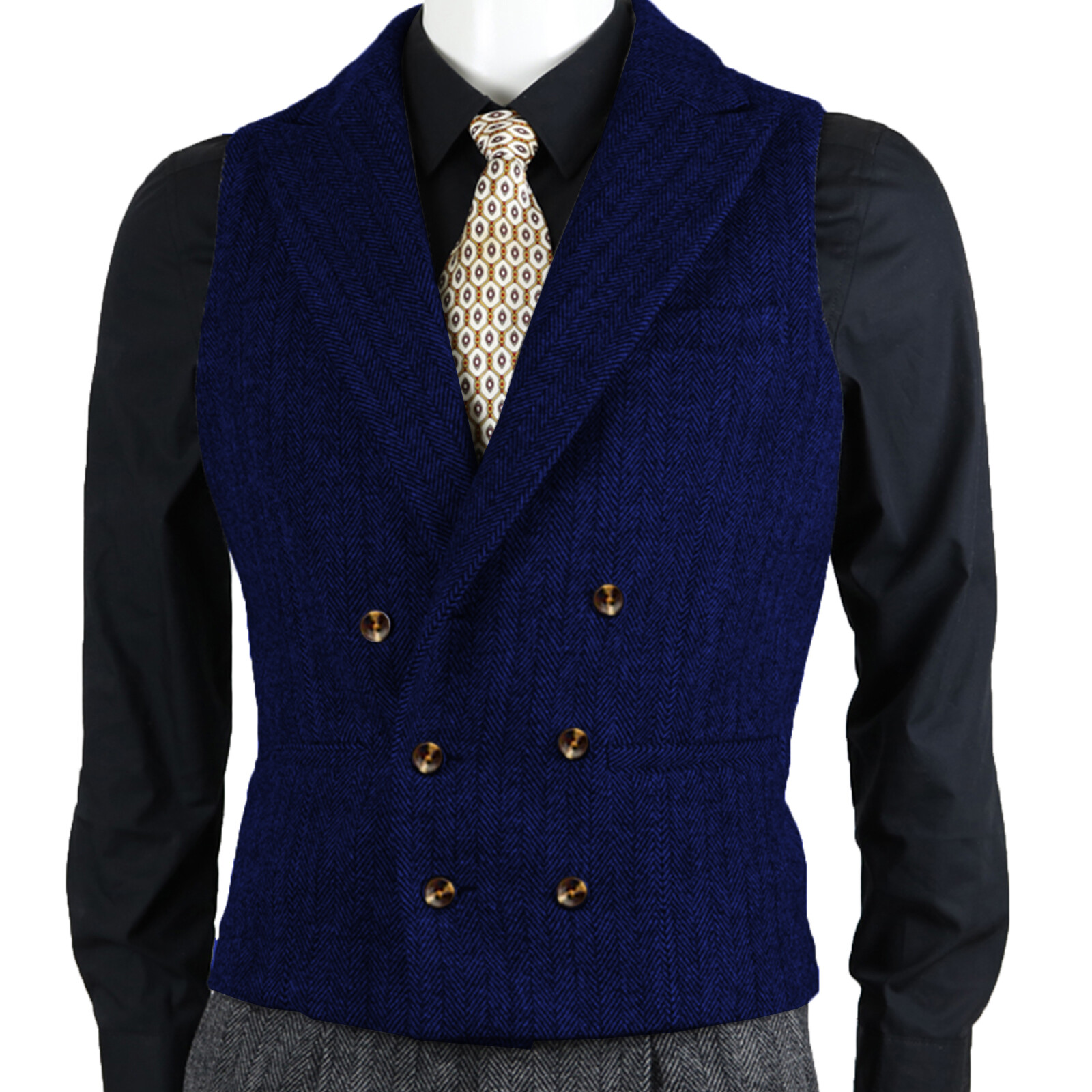 Men Double-Breasted Tweed Vest Herringbone Waistcoat Wedding Vintage Wool Lined