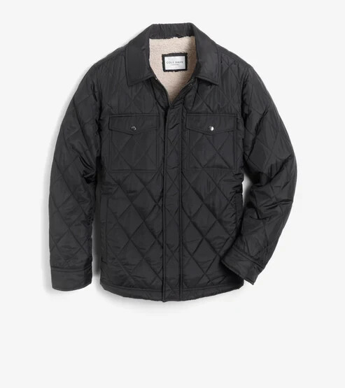 Cole Hann Men Zip & Snap Button Sherpa Lined Diamond Black Quilted Jacket Sz XL