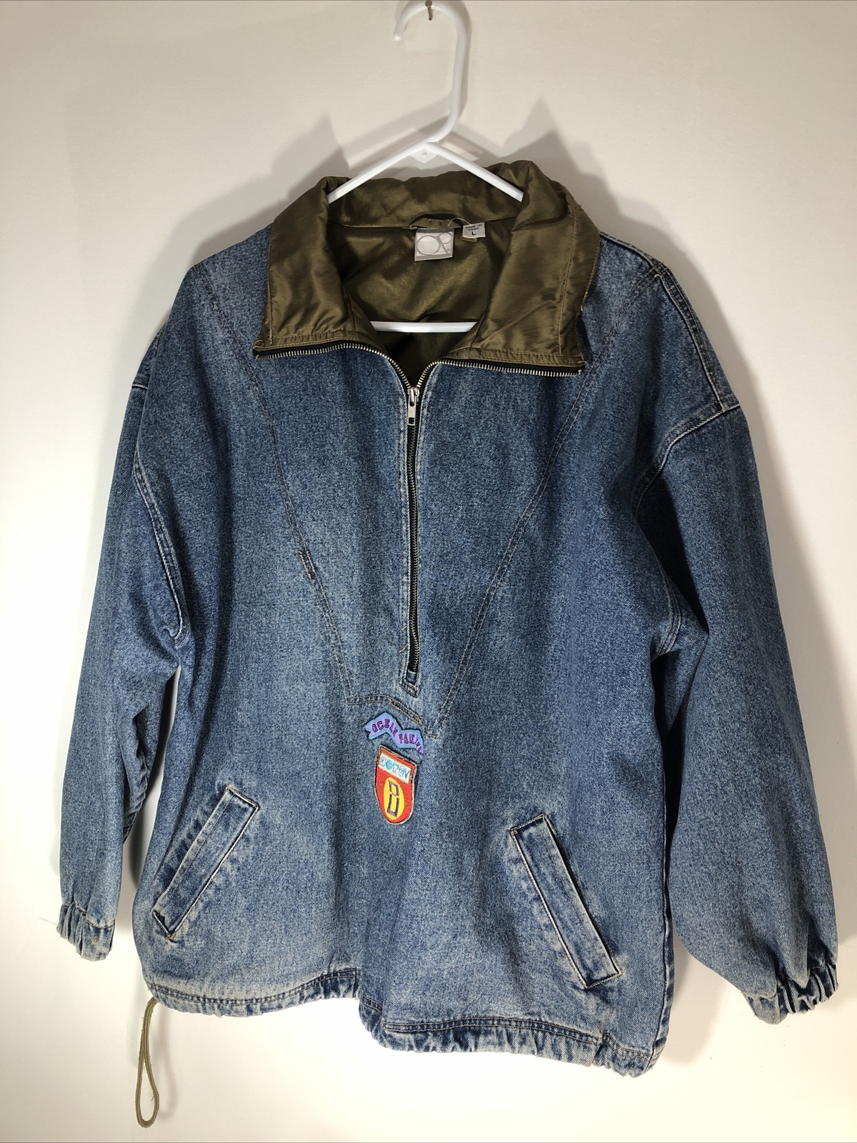VTG 80s 90s Ocean Pacific Retro Denim Jean Pullover 1/2 Zip Jacket Size L