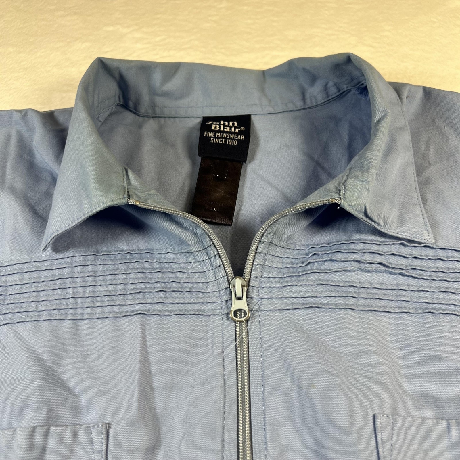 John Blair Vintage Jacket Mens XL Blue Short Sleeve Zip Front Harrington Style