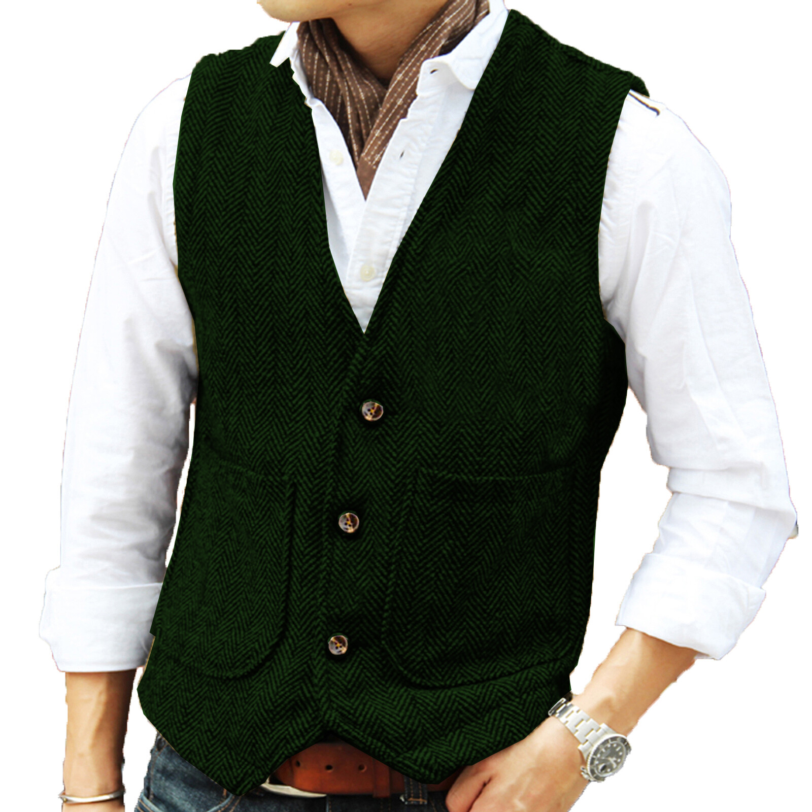 Hunting Classic Men Vintage Tweed Vest Herringbone Waistcoats Wedding Retro Wool